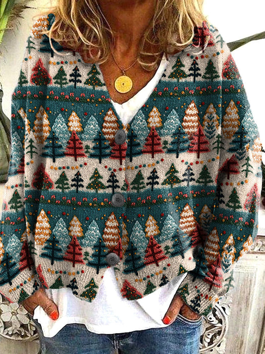 Vintage Christmas Tree Print Cozy Knitted Sweater