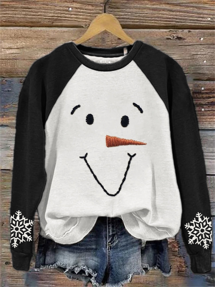 Snowman Faces & Snowflakes Embroidered Raglan Sweatshirt