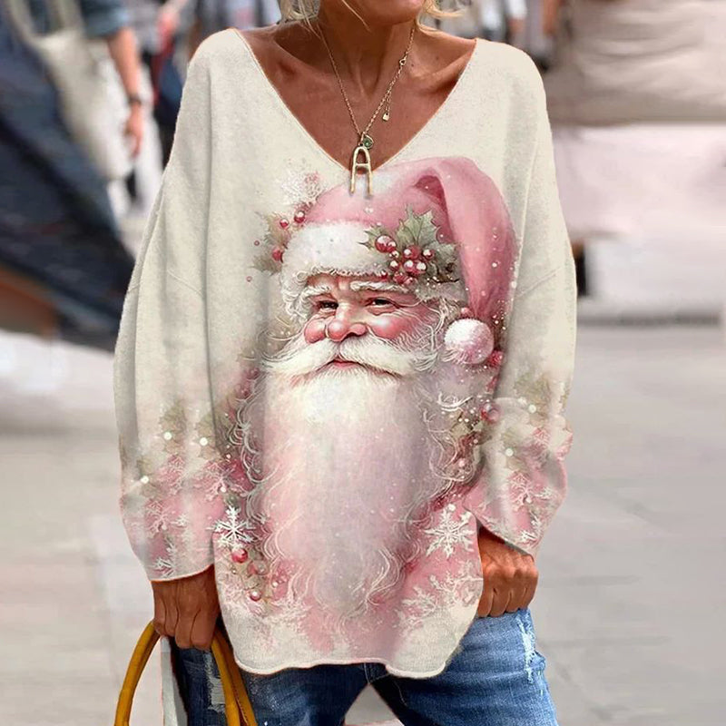 Santa Claus Print V-Neck Long Sleeved T-Shirt