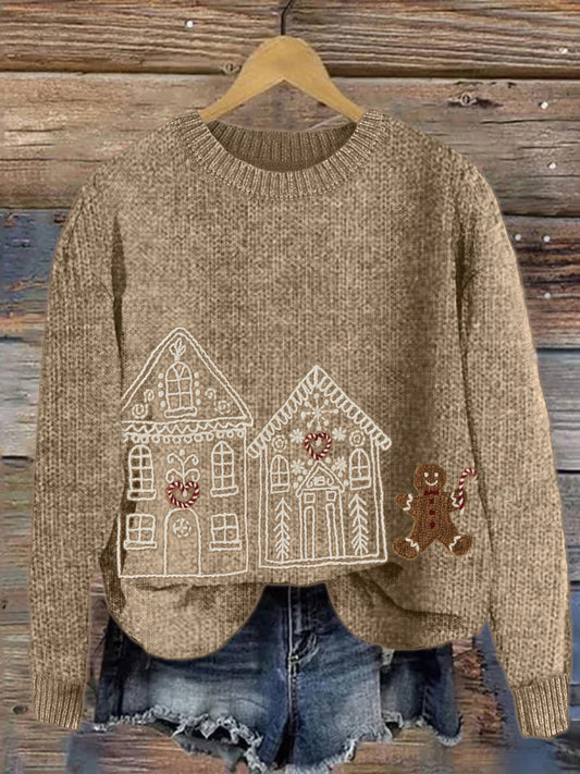 Christmas Gingerbread Village Embroidery Art Cozy Knit Sweater