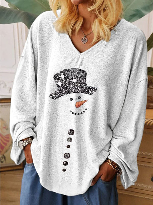 Christmas Snowman Print Casual V-Neck Long Sleeve T-Shirt