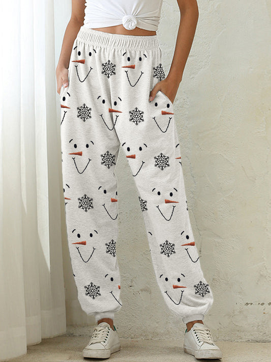 Snowman Faces & Snowflakes Embroidery Pattern Cozy Sweatpants