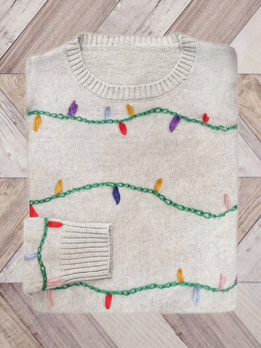 Christmas Lights Embroidery Art Cozy Knit Sweater