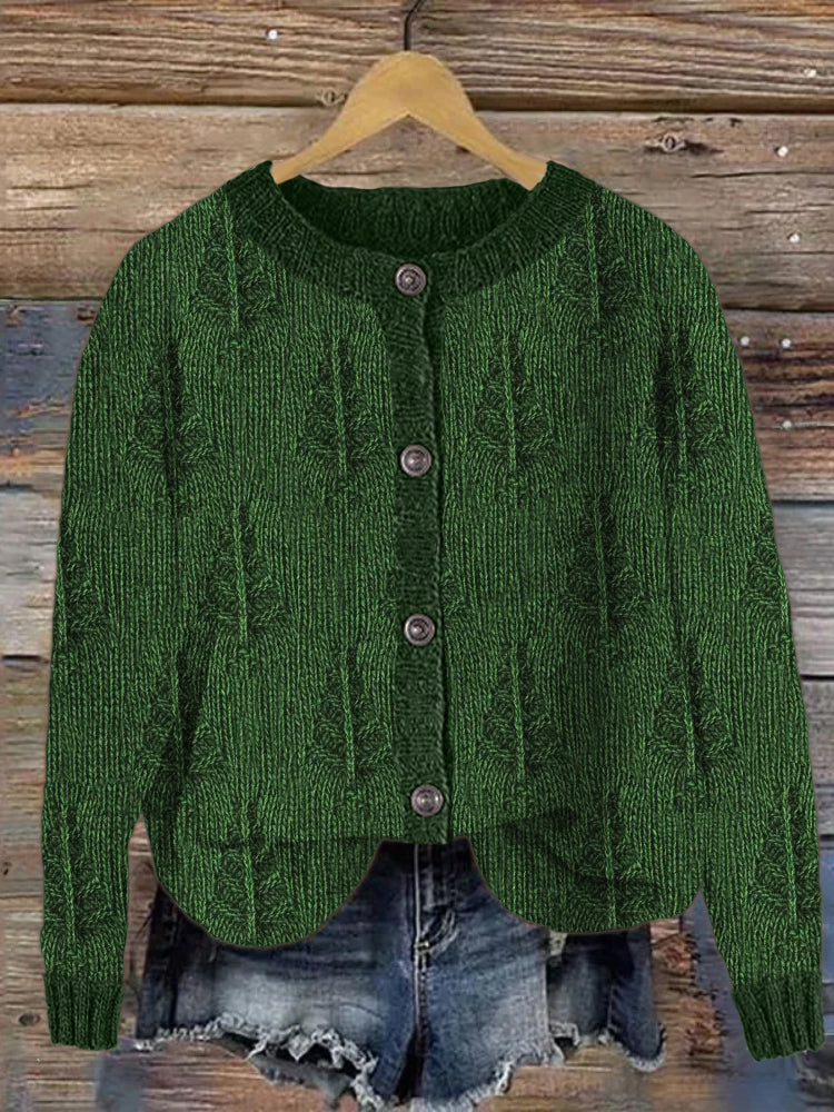 Vintage Forest Christmas Trees Jacquard Cozy Knit Cardigan