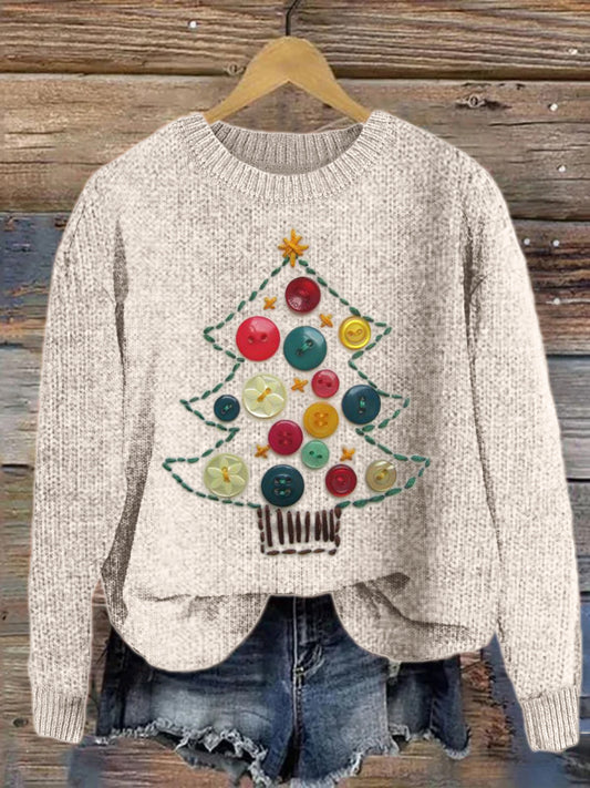 Christmas Tree Buttons Embroidery Art Cozy Knit Sweater