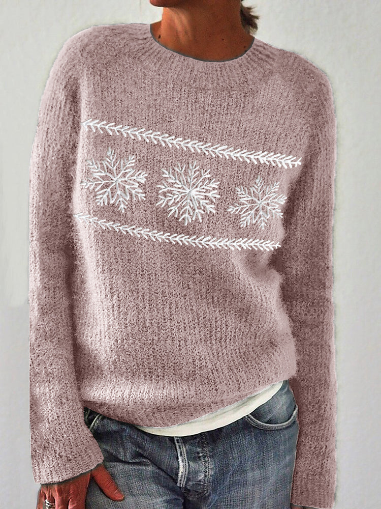 Snowflakes Embroidery Art Cozy Knit Sweater