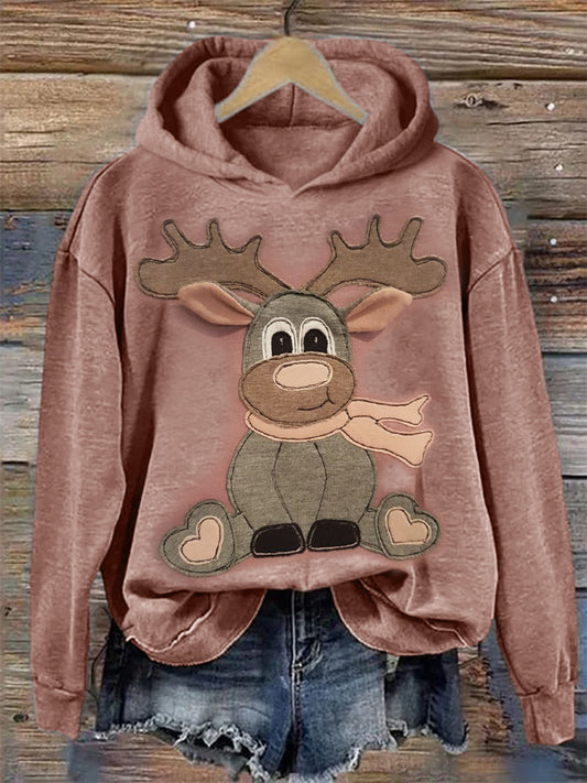 Christmas Lovely Reindeer Patch Vintage Cozy Hoodie