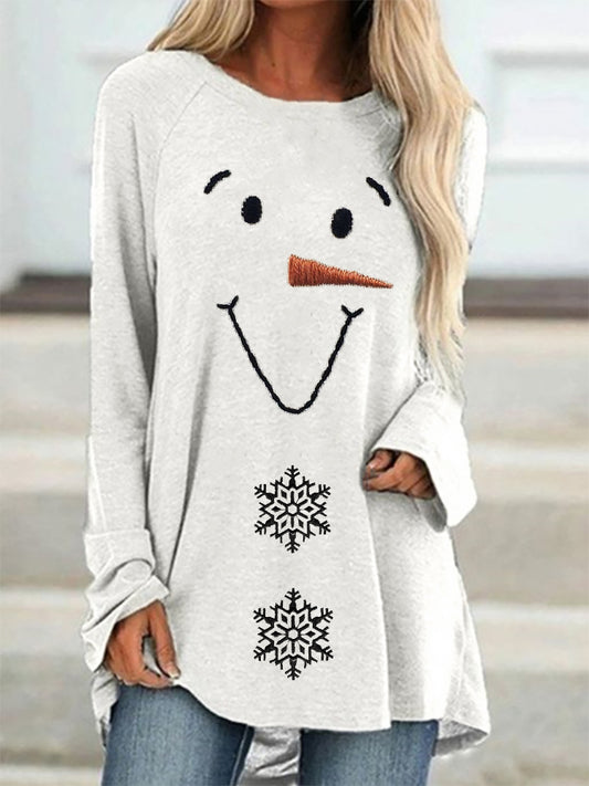 Snowman Face & Snowflakes Embroidery A Line T Shirt