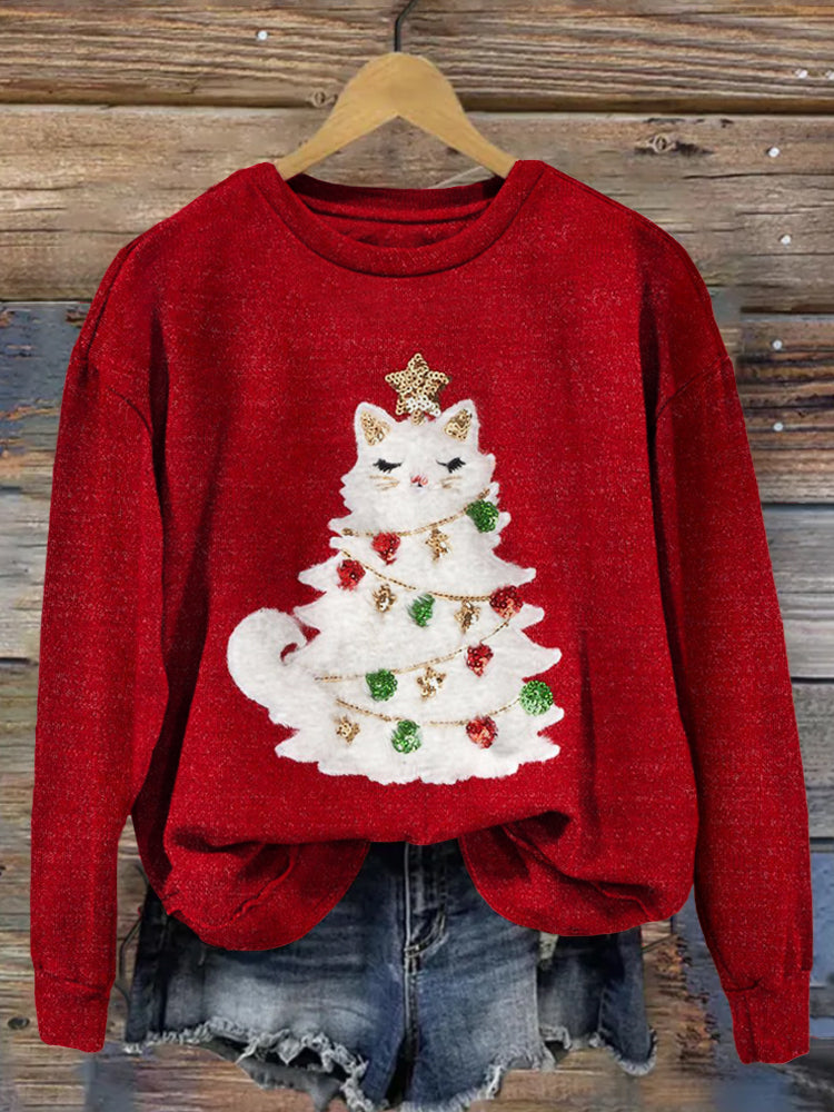 Cute Christmas Cat Tree Art Cozy Sweatshirt