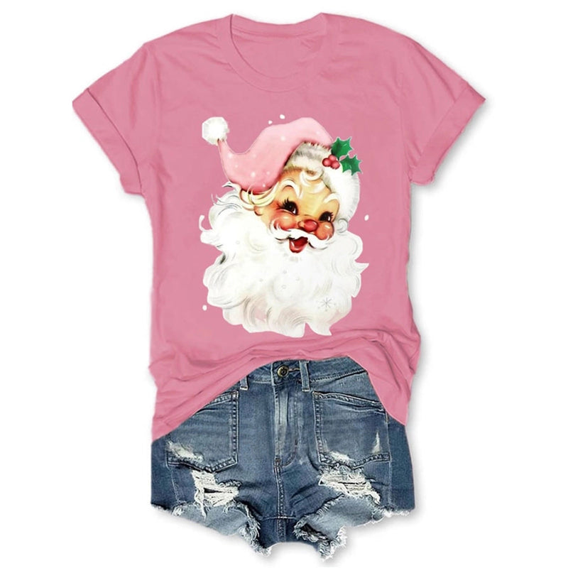 Christmas Retro Pink Santa Print T Shirt