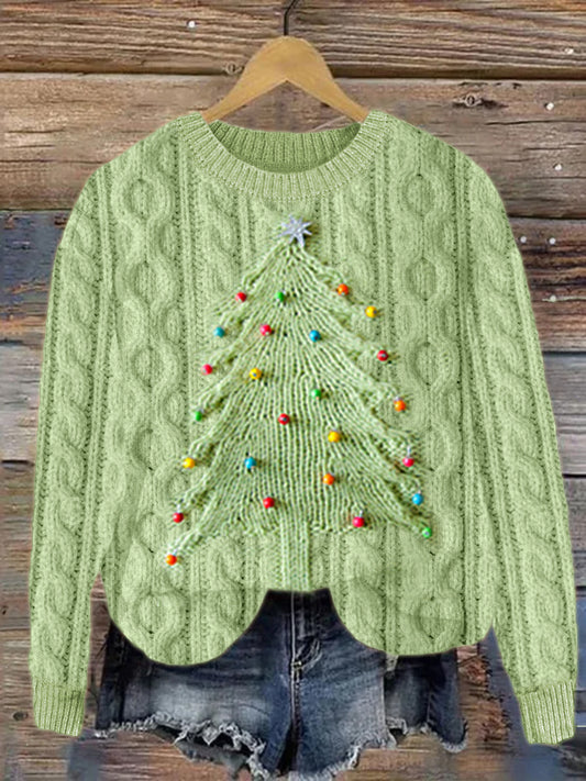 Christmas Tree Beaded Jacquard Cozy Cable Knit Sweater