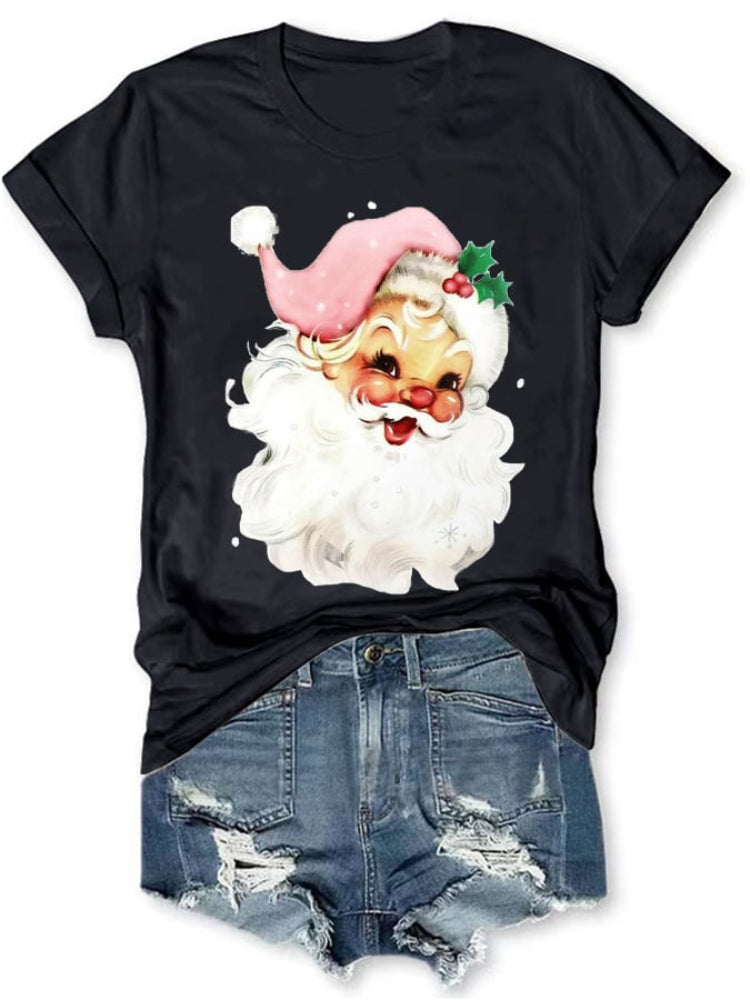 Christmas Retro Pink Santa Print T Shirt