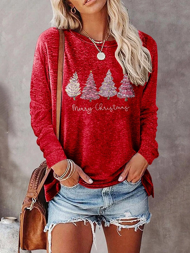 Christmas Tree Print Round Neck Casual T-Shirt