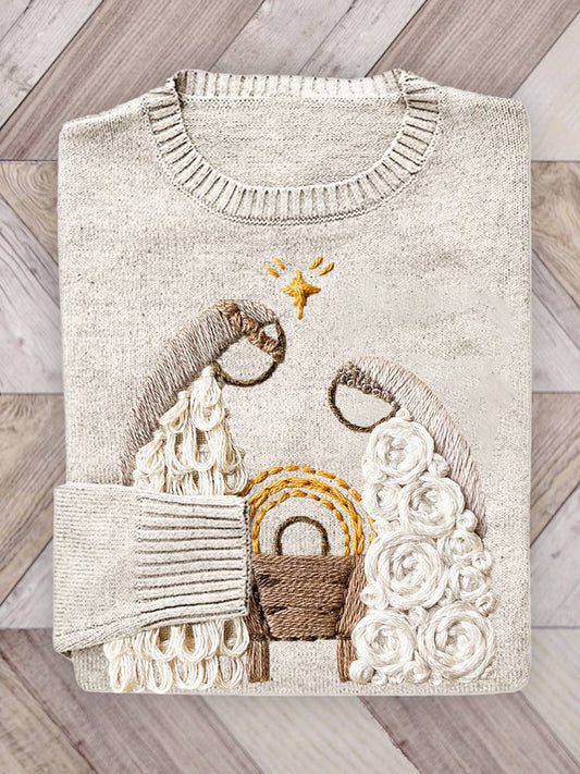 Christmas Nativity Embroidery Art Casual Cozy Knit Sweater