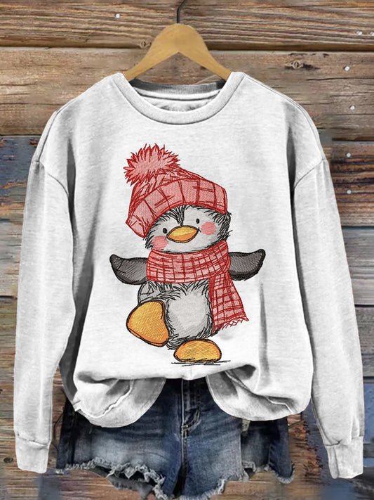 Penguin Winter Dancing Embroidery Art Comfy Sweatshirt