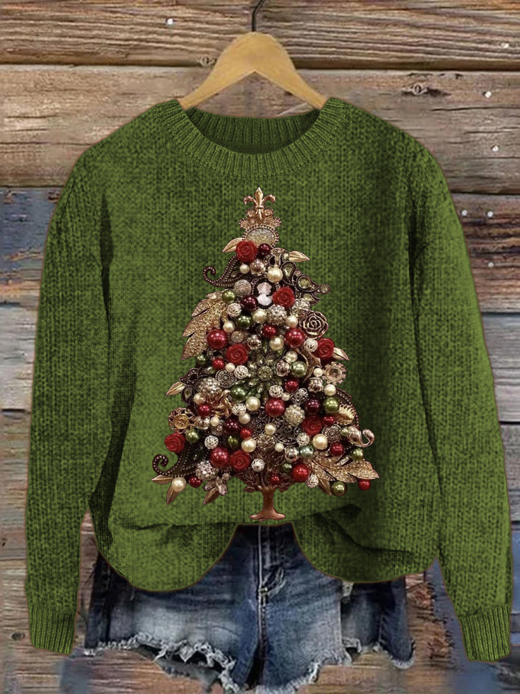 Elegant Christmas Tree Jewel Art Cozy Knit Sweater