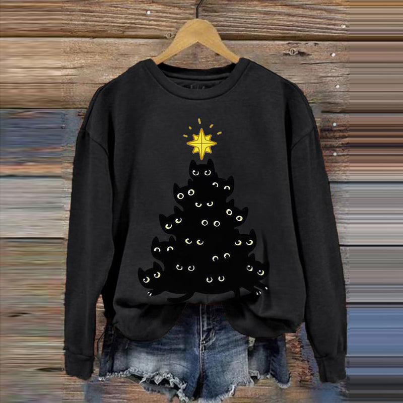 Christmas Tree Cat Print Crew Neck Sweatshirt