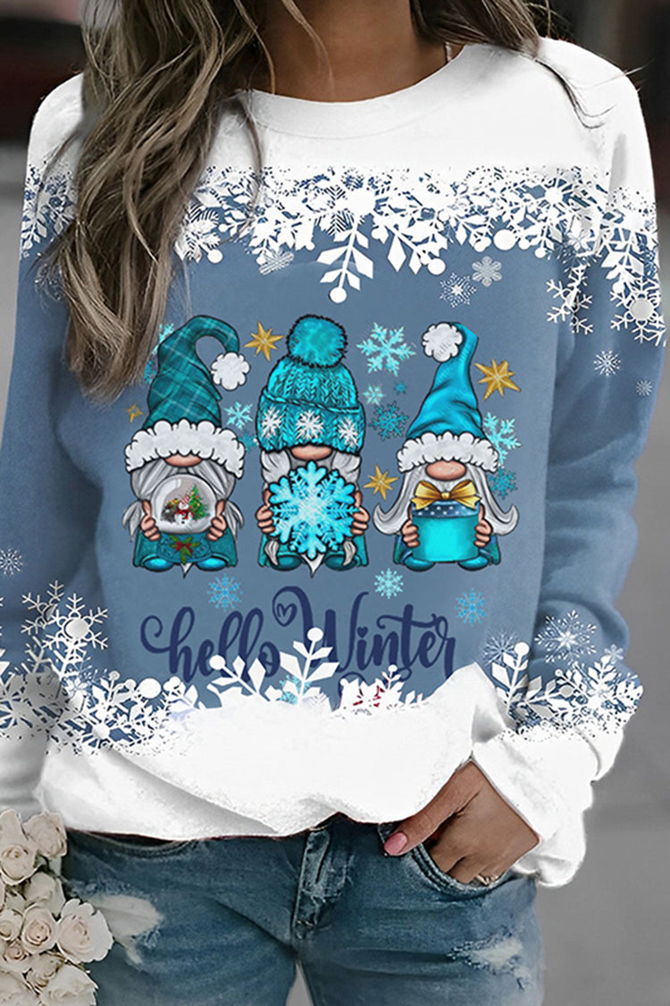 Hello Winter Gnomes Snowflake Long Sleeve Sweatshirt