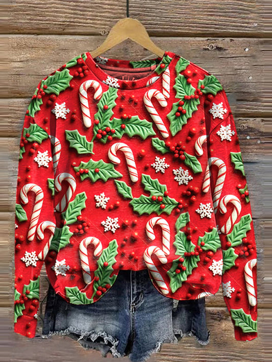 Christmas Holly Embroidered Pattern Printed Casual Sweatshirt