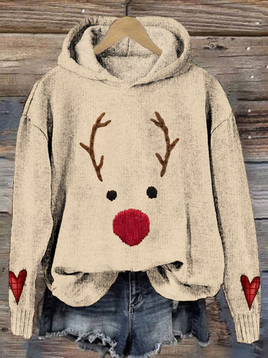 Cute Christmas Reindeer Face & Heart Cozy Knit Hoodie