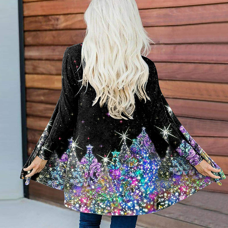 Sequined Christmas Tree Print Casual Long Sleeve Cardigan