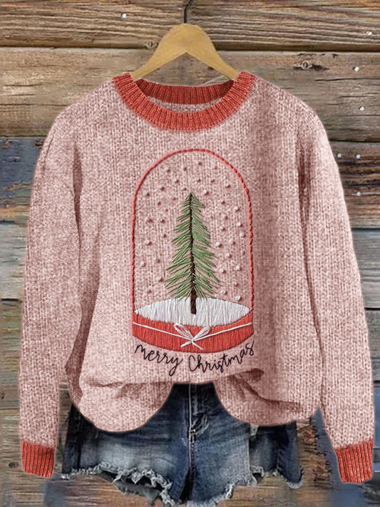 Christmas Tree Snow Globe Embroidery Art Cozy Knit Sweater