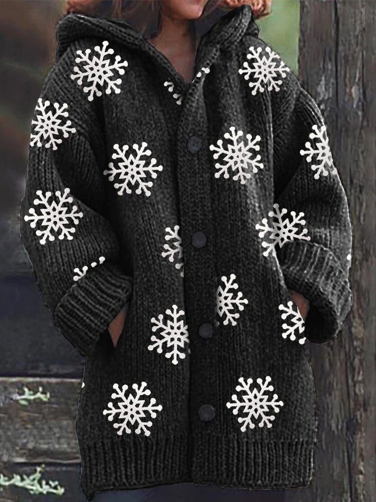 Snowflakes Plush Pattern Cozy Knit Hooded Cardigan