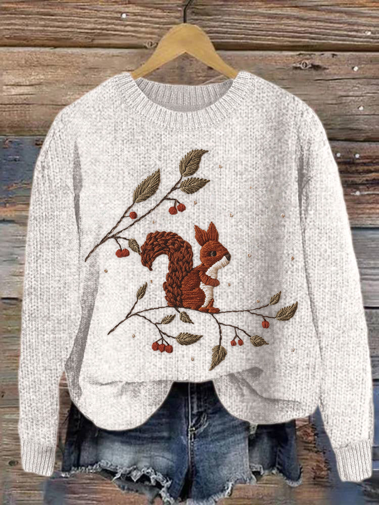 Squirrel Embroidery Art Casual Cozy Knit Sweater