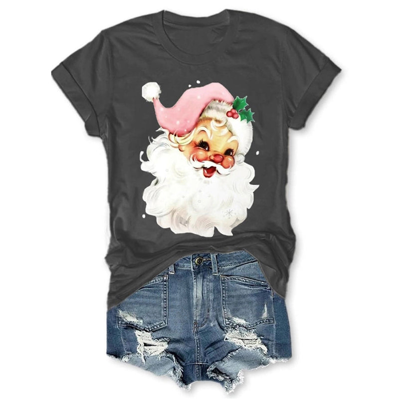 Christmas Retro Pink Santa Print T Shirt