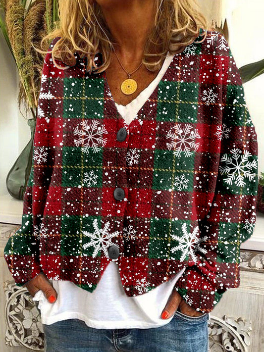 Christmas Snowflake Plaid Vintage Button Cardigan