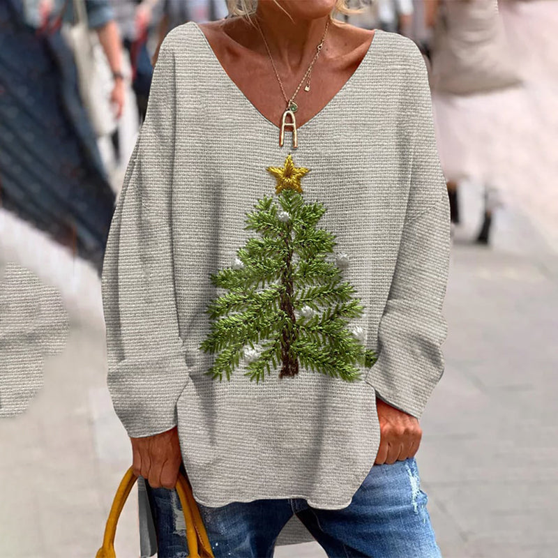 Christmas Tree Print V-Neck Long Sleeved Loose T-Shirt