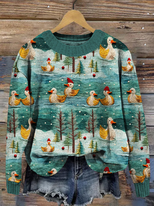 Winter Ducks Embroidery Pattern Comfy Knit Sweater