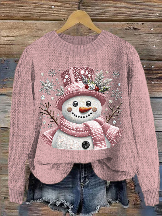 Christmas Pink Snowman Crew Neck Cozy Sweater