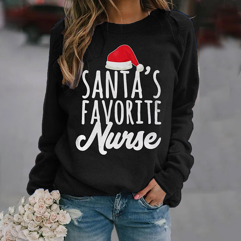 Santa's Favorite Nurse Print Round Neck Long Sleeve Sweatshirt