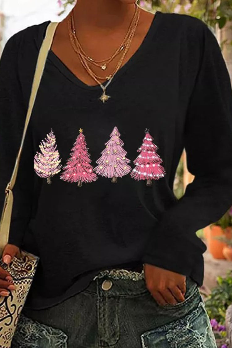 Women's Pink Christmas Tree Print V-Neck Long Sleeve T-Shirt