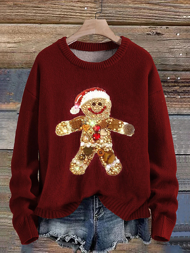 Christmas Jewelry Art Gingerbread Man Claus Knit Pullover Sweater