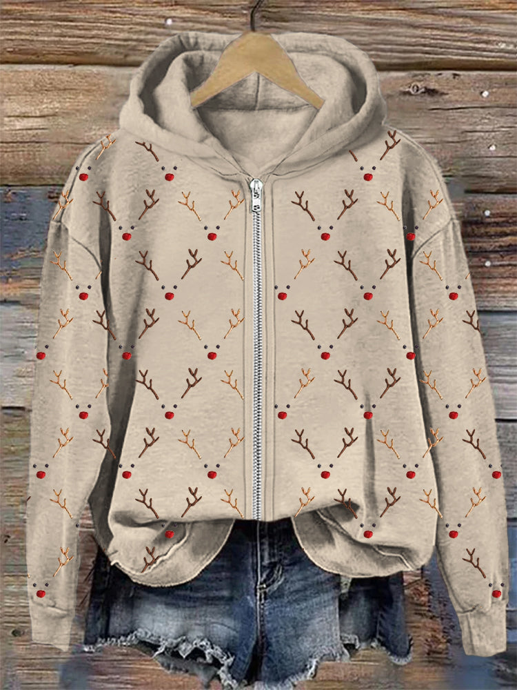 Christmas Reindeer Faces Embroidery Pattern Full Zip Hoodie