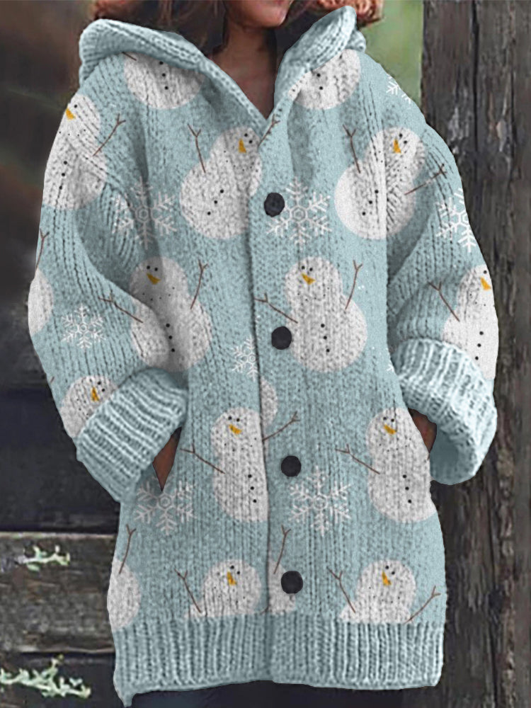 Snowman & Snowflake Pattern Cozy Knit Hooded Cardigan