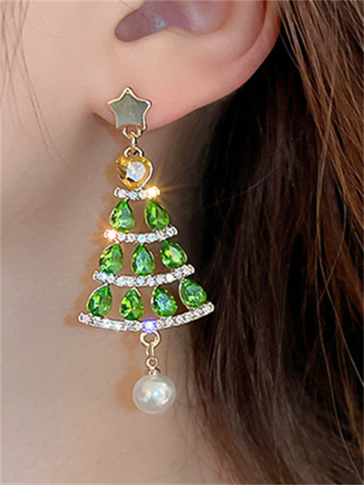 Glitter Christmas Tree Pearl Pendant Earrings