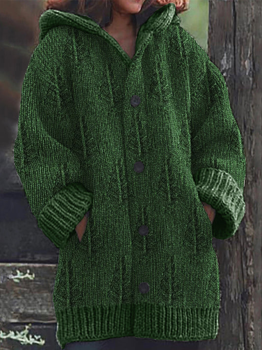 Forest Christmas Trees Jacquard Cozy Knit Hooded Cardigan