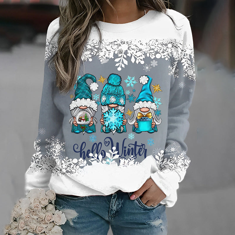 Hello Winter Gnomes Snowflake Long Sleeve Sweatshirt