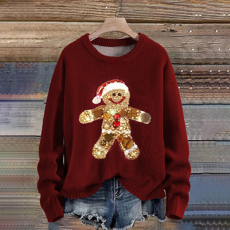 Christmas Jewelry Art Gingerbread Man Claus Knit Pullover Sweater