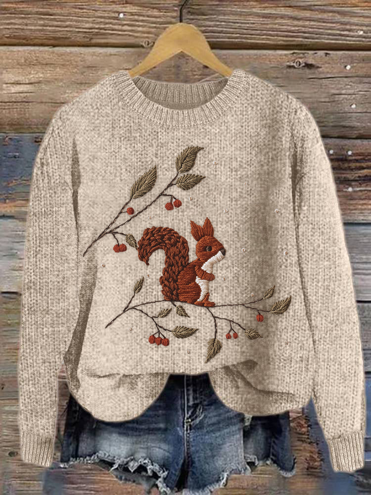 Squirrel Embroidery Art Casual Cozy Knit Sweater