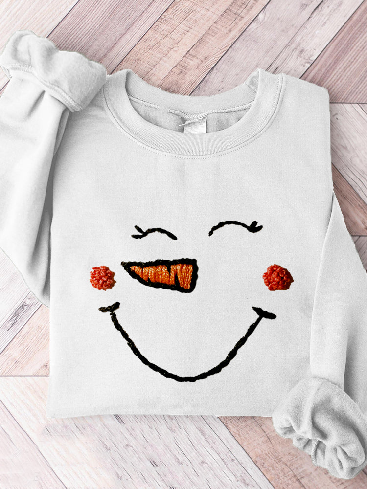 Cute Snowman Face Embroidery Art Comfy Sweatshirt