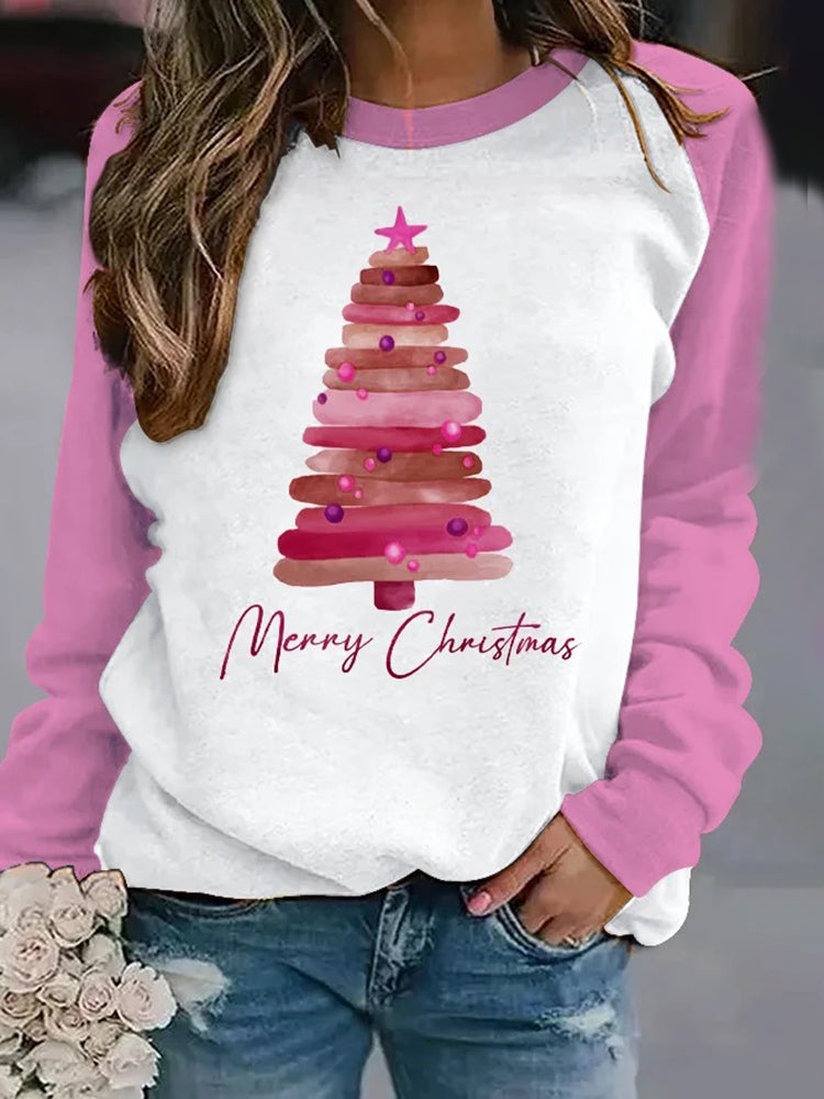 Women's Pink Christmas Tree Print Sweatshirt