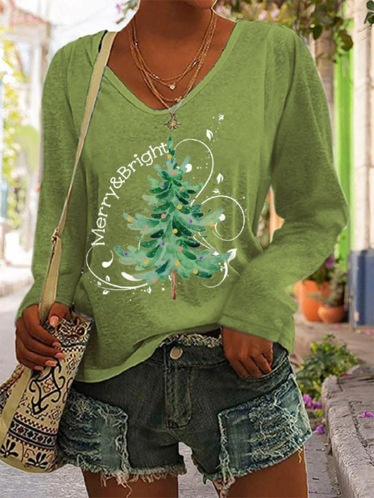 Merry And Bright Christmas Tree Print T Shirt