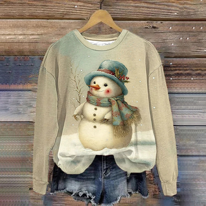 Women's Vintage Christmas Winter Snowman Print Sweatshirt