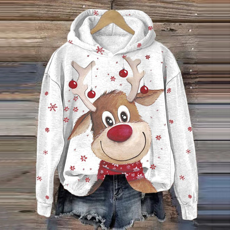 Christmas Elk Print Long Sleeve Hoodie