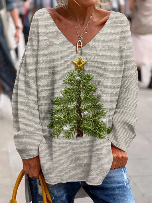 Christmas Tree Print V-Neck Long Sleeved Loose T-Shirt