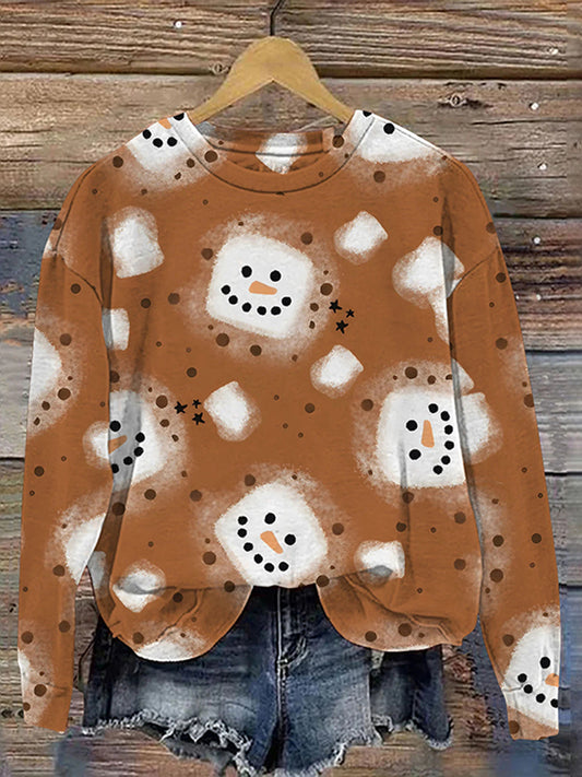 Christmas Cute Cocoa Marshmallow Snowman Print Casual Sweatshirt